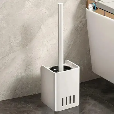 Produktbild von Vierkante aluminium toiletborstel voor in huis, wit, boren niet nodig, muur- en vloerbevestiging, essentiel schoonmaakgereedschap