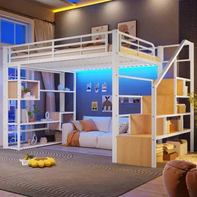 Produktbild von Hochbett mit integriertem LED-Licht, Eisenrahmen und Stauraum, Schutzgeländer und Leiter, Ablagefach, Matratze exklusive, 140 x 200 cm, Weiß
