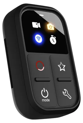 A black smart remote control with a screen displaying icons.