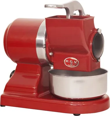 A red electric grater with a stainless steel bowl.