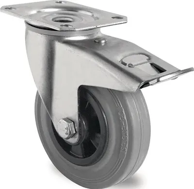 Produktbild von Lenkrolle mit Totalfeststeller Rad- 160 mm Tragfhigkeit 135 kg mit Anschraubplatte Rollenlager Vollgummi grau