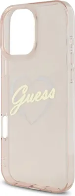 A pink transparent iPhone case with a heart and the Guess logo.
