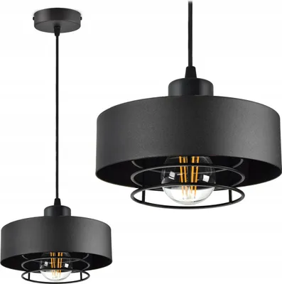 Two views of a black pendant light with a drum shade and a metal cage around the bulb.