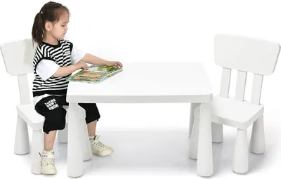 Produktbild von 3tlg. Kindersitzgruppe mit 1 Tisch & 2 Stühlen, Kindertisch mit 2 Stühle zum Lernen & Essen & Spielen, Sitzgruppe Kindermöbel Set für Kinder Mädchen und Jungen (Weiß)