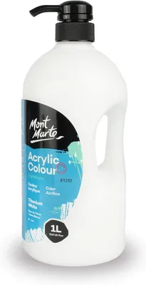 Produktbild von Mont Marte Acrylfarbe Weiß – 1L Flasche – Titanweiß – Ideal für Acrylmalerei – Brillante Lichtechte Farbe mit großer Deckkraft