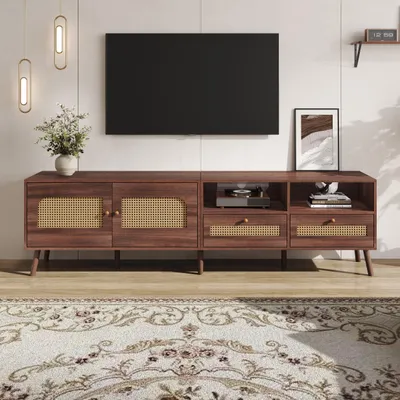 Productafbeelding van Sweiko TV-kast, 200x37x49,5 cm, geschikt voor een 80-inch televisie, met 2 deuren van riet, 2 lades, een lage kast met 8 poten, in een moderne bruine kleur, ideaal als entertainmentcenter