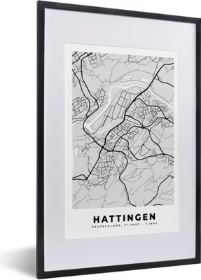 Produktbild von MuchoWow® Gerahmtes Poster Stadtplan - Hattingen - Karte - Deutschland 40x60 cm - Poster mit Schwarzem Bilderrahmen Wandposter Rahmen Foto Bilder - Poster in Rahmen