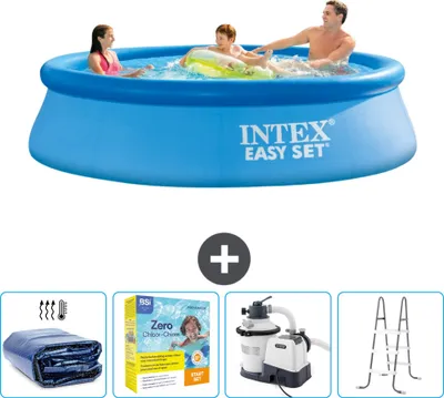 Produktbild von Intex runder aufblasbarer Easy Set-Pool – 305 x 76 cm – Blau – im Lieferumfang enthalten Sonnensegel - Wartungspaket - Filterpumpe für Schwimmbad - Leiter