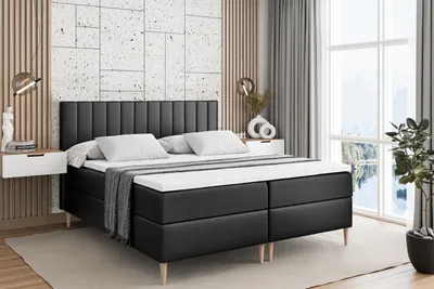 Produktbild von ALTDECOR Boxspringbett mit Holz Füßen, Matratze und Lattenrost, Boxbett, Topper, Polsterbett mit Bettkasten, Bett mit Stauraum H4-Matratze, Doppelbett - EDITA-FD- 140x200 - Schwarz Kunstleder