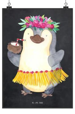 Produktbild von Mr. & Mrs. Panda Bild Pinguin Kokosnuss DIN A3 - Kreidetafel - Geschenk, Hawaii, Urlaub, Wanddekoration, drucke, Plakat, Wandbild, Erholt, Ferien, wanddeko