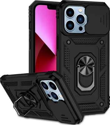 Produktbild von iPhone 14 Pro Hülle mit Schiebe Kamera Schutz und Ringhalter Ständer Robust Rüstung Schutzhülle für iPhone 14 Pro Schwarz