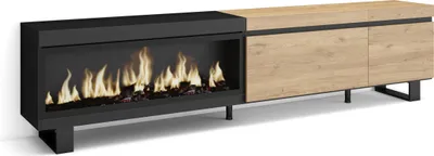 Produktbild von TV-Schrank, Lowboard, 237x35x57 cm, Für großformatiges TV, Elektrokamin XXL, Industriedesign, Eiche Schwarz