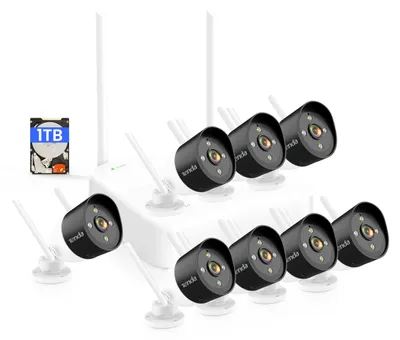 Zdjęcie produktu dla Zestaw kamer monitorujących Tenda do użytku zewnętrznego z Wi-Fi, 8 kamer zewnętrznych 2K, 8-kanałowy bezprzewodowy rejestrator NVR, dysk twardy 1 TB