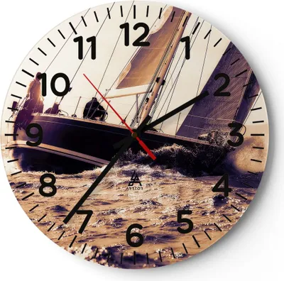 Produktbild von Wanduhr - Rund - Glasuhr - Meer Yacht Welle - 30x30cm - Schleichendes Uhrwerk - Lautlos - zum Aufhängen bereit - Dekoration Modern - Wanddekoration aus Glas - C4AR30x30-3719