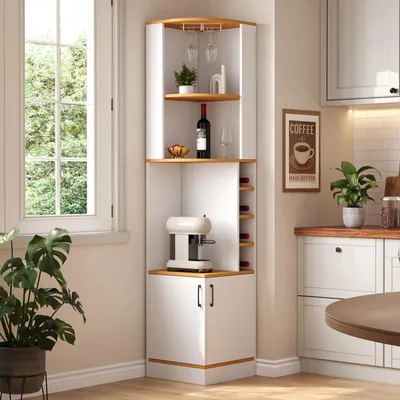 Produktbild von Flieks 182cm Vitrinenschrank mit Weinglasregal, Weinregal und Schranktüren, Vitrine für Esszimmer, Küche und Wohnzimmer, Eck-Weinschrank, Weiß