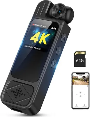 Immagine prodotto di Telecamera indossabile 4K con WiFi e obiettivo girevole a 180° – Visione notturna e batteria da 7 ore – 64 GB di memoria