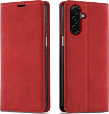 Produktbild von Hülle für Samsung A18 mit Magnetverschluss, rot, aus Leder + 9H-Glas