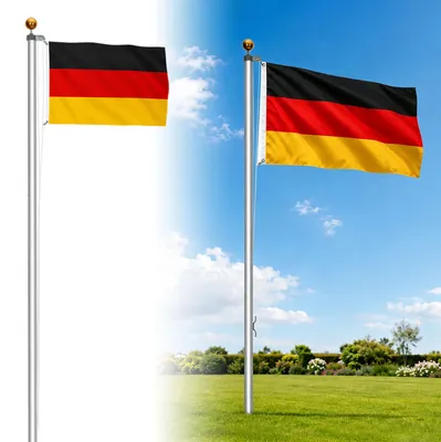 Image de Mât de drapeau Peviasot, 6,5 mètres, en aluminium argenté, avec enrouleur, drapeau allemand de 147 x 88 cm et accessoires