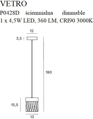 Immagine prodotto di Lampada a sospensione LED VETRO dorata 4,5 W, bianco caldo, 360 lm, metallo, dimensioni: 180 x 13 x 12 cm, IP20, Maxlight