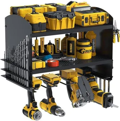 Imagen del producto de Soporte de pared para herramientas eléctricas Unyqoos®: Estante de acero para montaje en pared con 4 ranuras, 2 estantes, capacidad de carga de 68 kg, incluye accesorios de montaje