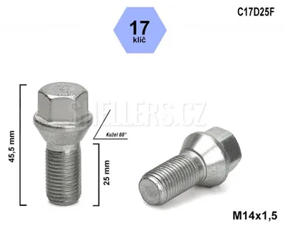 Obrázek produktu pro Kolový šroub M14x1,5x25 kuželový, klíč 17, C17D25F, výška 45,5 mm