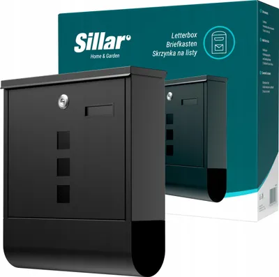 A black Sillar mailbox is shown in front of its packaging.