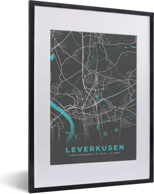 Produktbild von MuchoWow® Gerahmtes Poster Stadtplan - Karte - Leverkusen - Blau - Deutschland - Karte 30x40 cm - Poster mit Schwarzem Bilderrahmen Wandposter Rahmen Foto Bilder - Wandposter Schlafzimmer