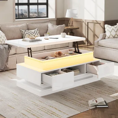 Image de Table basse relevable Merax avec 2 tiroirs, table d'appoint haute brillance avec LED, table de salon avec espace de rangement caché en panneau de particules, blanc