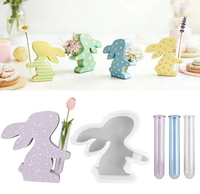 Produktbild von Silikon-Hasenform mit 3 Reagenzgläsern, Gießform für Ostern, Schnittblumen, Vasenkübel, Frühlingsform für Bastelarbeiten, Gips, Kerzen, Dekoration