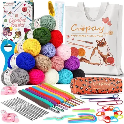 Immagine prodotto di Kit per l'uncinetto per principianti, composto da 71 pezzi, con 15 colori di filato e accessori, aghi da uncinetto da 0,6 a 6,0 mm, e una custodia portatile