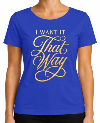 Zdjęcie produktu dla T-shirt damski, kolor niebieski, rozmiar M, z nadrukiem "I Want It That Way" w złotym kolorze, nawiązujący do muzyki pop lat 90. i boybandów