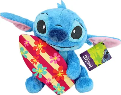 A blue plush Stitch toy holding a surfboard with a floral pattern.