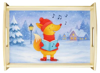 Produktbild von Mr. & Mrs. Panda tablett holz Fuchs Sänger Design - Weiß - Geschenk, Weihnachtslieder, Holztablett, betttablett, Weihnachten, Sofa, Serviertablett, Wintermotiv, Singen