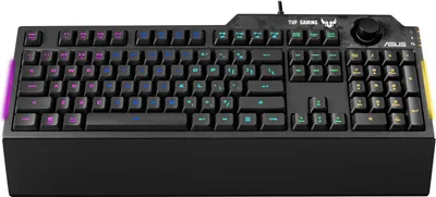 A black ASUS TUF Gaming K1 mechanical RGB USB gaming keyboard is shown from a slightly elevated front-facing angle against a black background.
