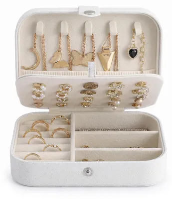 Image de Boîte à bijoux de voyage - Blanc - 16 x 11 x 5 cm - Similicuir - Pour bagues, boucles d'oreilles et colliers