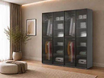 Produktbild von Drehtürenschrank, Falttürenschrank 4-türig Schrank mit Einlegeböden und Kleiderstange, Schlafzimmer  - Schrank Minewra 200 - Grau Flutes