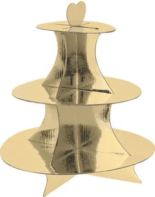 Produktbild von Karton Etagere 34 x 30 cm mit 3 Ablagen - gold - Servierplatte mit Herz Tragegriff - Dessert Muffin Kuchen Platte Papp Ständer