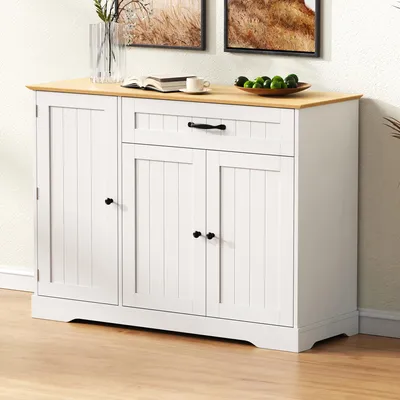 Immagine prodotto di Flieks: credenza moderna con 3 ante e un cassetto, 107x40x84 cm, comò, bianco + naturale