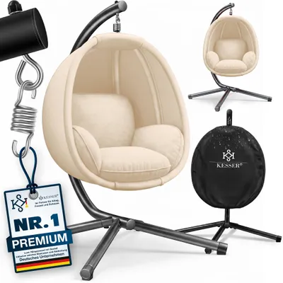 Produktbild von KESSER® Luxe Hängesessel mit Gestell + weicher Sitzkissen, Seitenpolsterung, Sitz- und Rückenkissen Hängekorb Indoor & Outdoor, Garten Schaukel Korb Hängestuhl Stabiler Standfuß, max. 150 kg