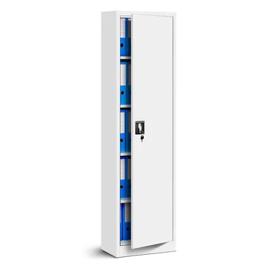 A white metal cabinet with its door open, revealing several blue file folders inside.