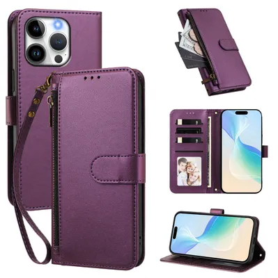 Obrázek produktu pro Peněženkové pouzdro pro iPhone 15 Pro,Polyuretankožené pouzdro s přihrádkami na karty, stojánkem a poutkem na ruku Fialová