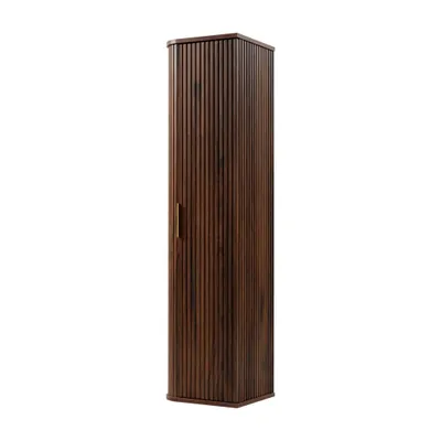 A tall, narrow, dark brown cabinet with vertical slats and a single door on the left side, presented against a white background.