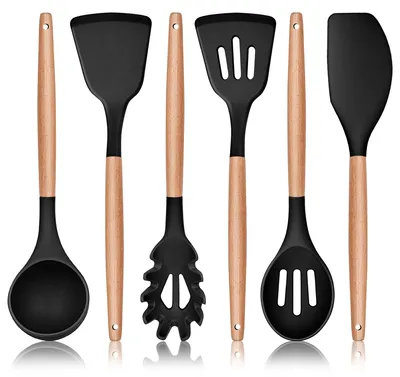 Produktbild von Silikon-Küchenwerkzeug-Set mit Holzgriffen – 6-teilig, Schwarz