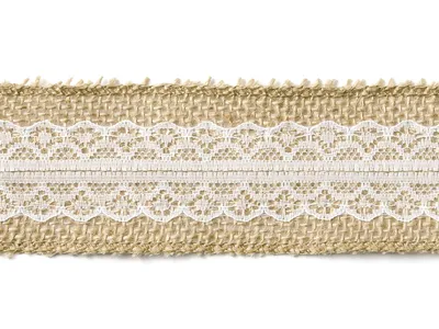 Zdjęcie produktu dla Taśma jutowa z białą koronką dekoracyjna 5 cm x 5 m