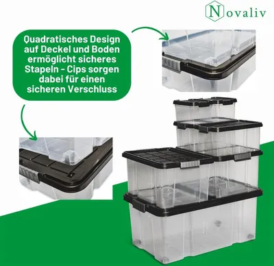 Immagine prodotto di Novaliv Contenitore con coperchio Large 55L Antracite Contenitore in plastica impilabile con chiusura a clip Eurobox con coperchio senza BPA 61x40x32,5 cm