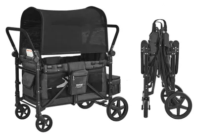 Produktbild von VEVOR Wagen Kinderwagen für 2 Kinder, Schiebe- und Ziehwagen, zusammenklappbarer Kinderwagen mit verstellbarem Griff, umschließendes Geschirr, abnehmbare Sonnenblende, 4 Räder mit Bremsen, multifunktionaler Tandem-Kinderwagen für Camping, Dunkelpurpur, Dunkelgrau + Schwarz, Schieben 4 Personen