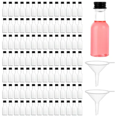 Imagen del producto de Mini botellas, 100 unidades - Botellas pequeñas de 25 ml - Botellas de plástico - Plástico apto para alimentos - Reutilizables - Con embudos