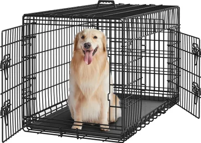 A golden retriever dog sits inside a black metal dog crate with its doors open.