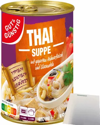 Produktbild von Gut & Günstig Thaisuppe mit feinem Hühnerfleisch und typisch asiatischen Glasnudeln (400ml Dose) + usy Block