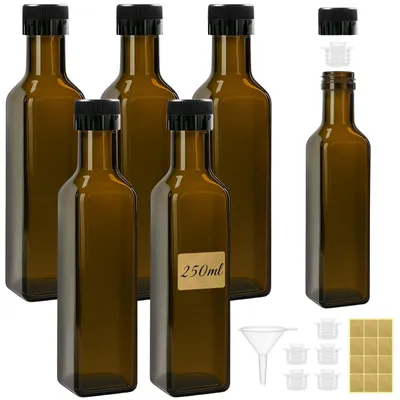 Productafbeelding van Set van 6 glazen flessen 250ml met uitgieter en etiketten